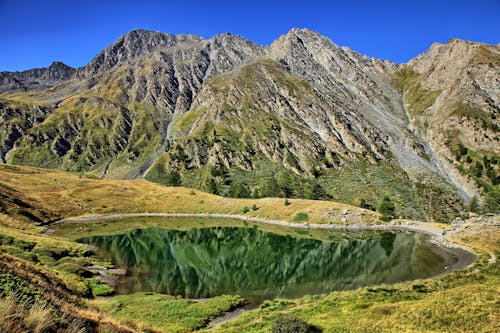 A mountain lake surrounded by green grass and mountains