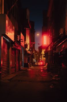 Explore the narrow, illuminated streets of Karakoy in Istanbul at night, with neon lights and a mysterious vibe.