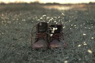 Shabby boots with flowers in field