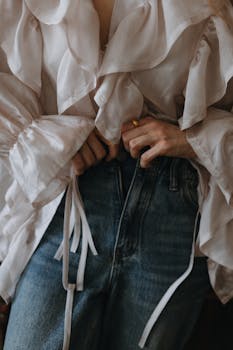 Close-up of woman in elegant white blouse adjusting her jeans. Fashion detail photography.