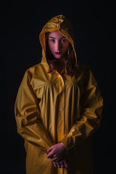 在工作室灯光下，一位穿着带兜帽黄色雨衣的时尚女性