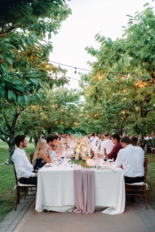 People Dining at an Outdoor Table under Hanging String Lights