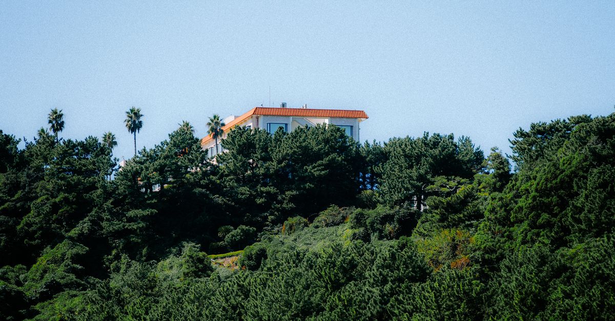 A picturesque mansion nestled among lush greenery and clear blue sky on a sunny hilltop.