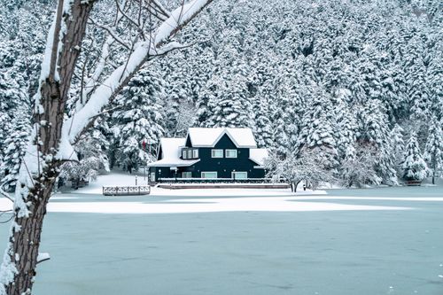 Free Serene snowy landscape with cabin by frozen lake and lush forest in winter. Stock Photo
