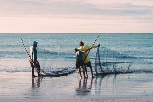 Free Fishermen with nets at João Pessoa beach in Brazil during sunset. Stock Photo