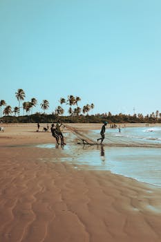 Fishermen pulling nets on a tropical beach in João Pessoa, Brazil.