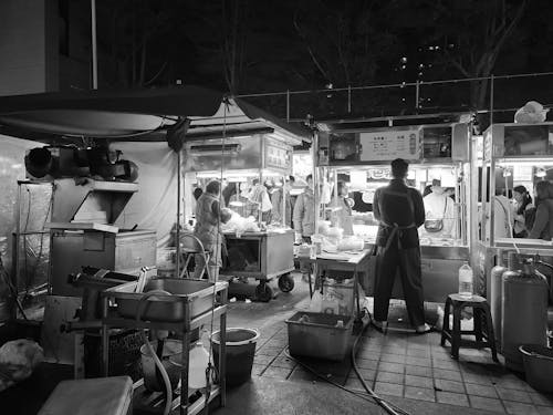 Free Food Stalls at Night Stock Photo