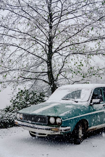 An old car covered in snow parked amidst a winter wonderland.