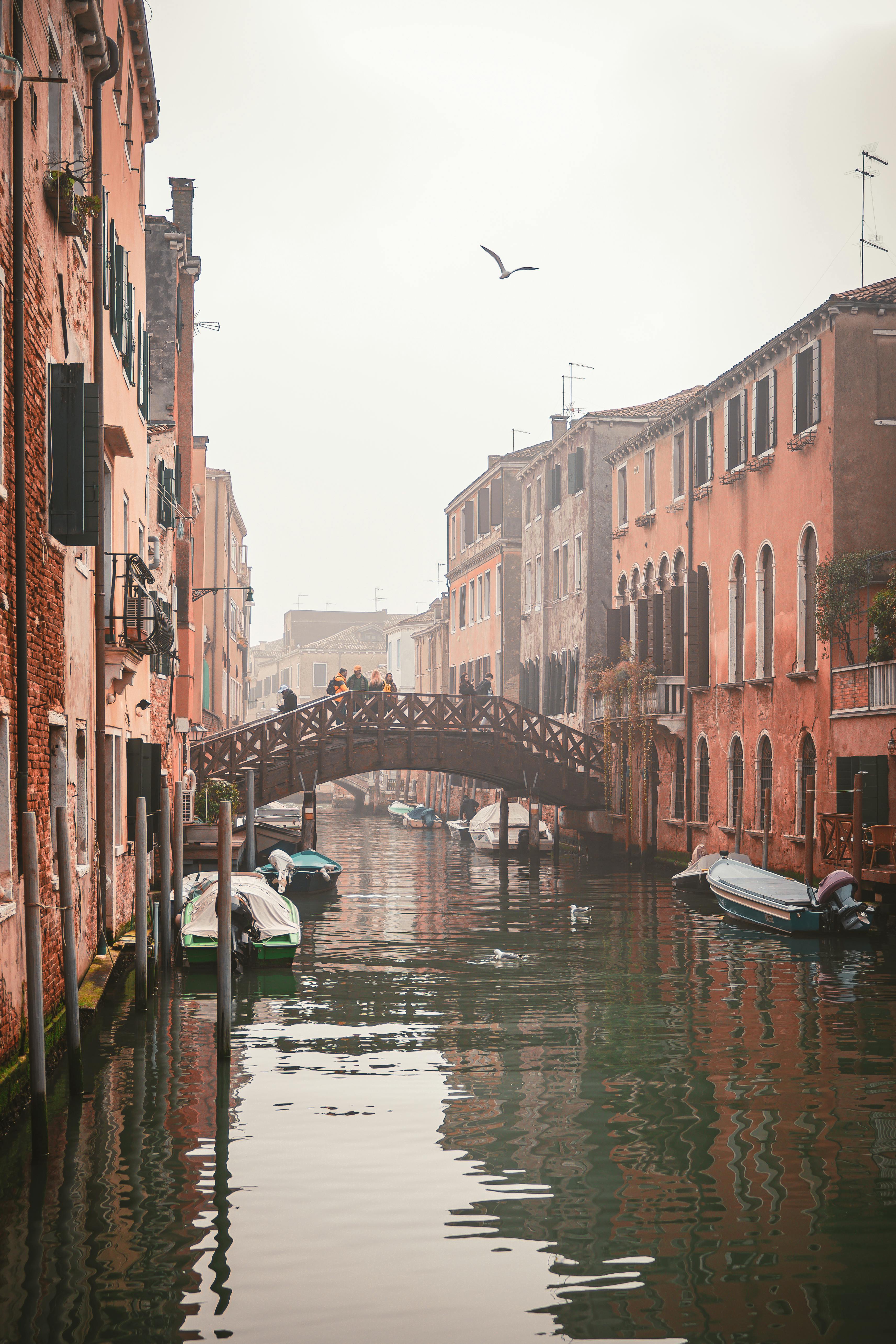 Explore a serene canal scene in Venice featuring a charming footbridge amidst historical architecture.