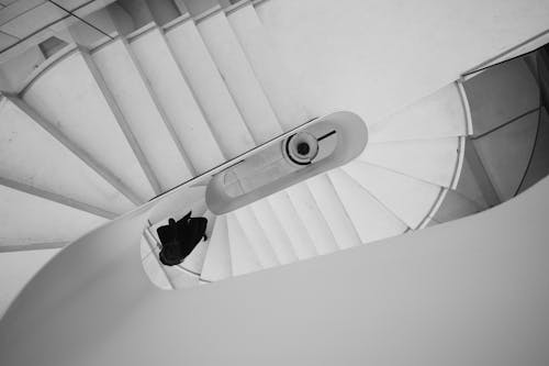 A black and white photo of a staircase