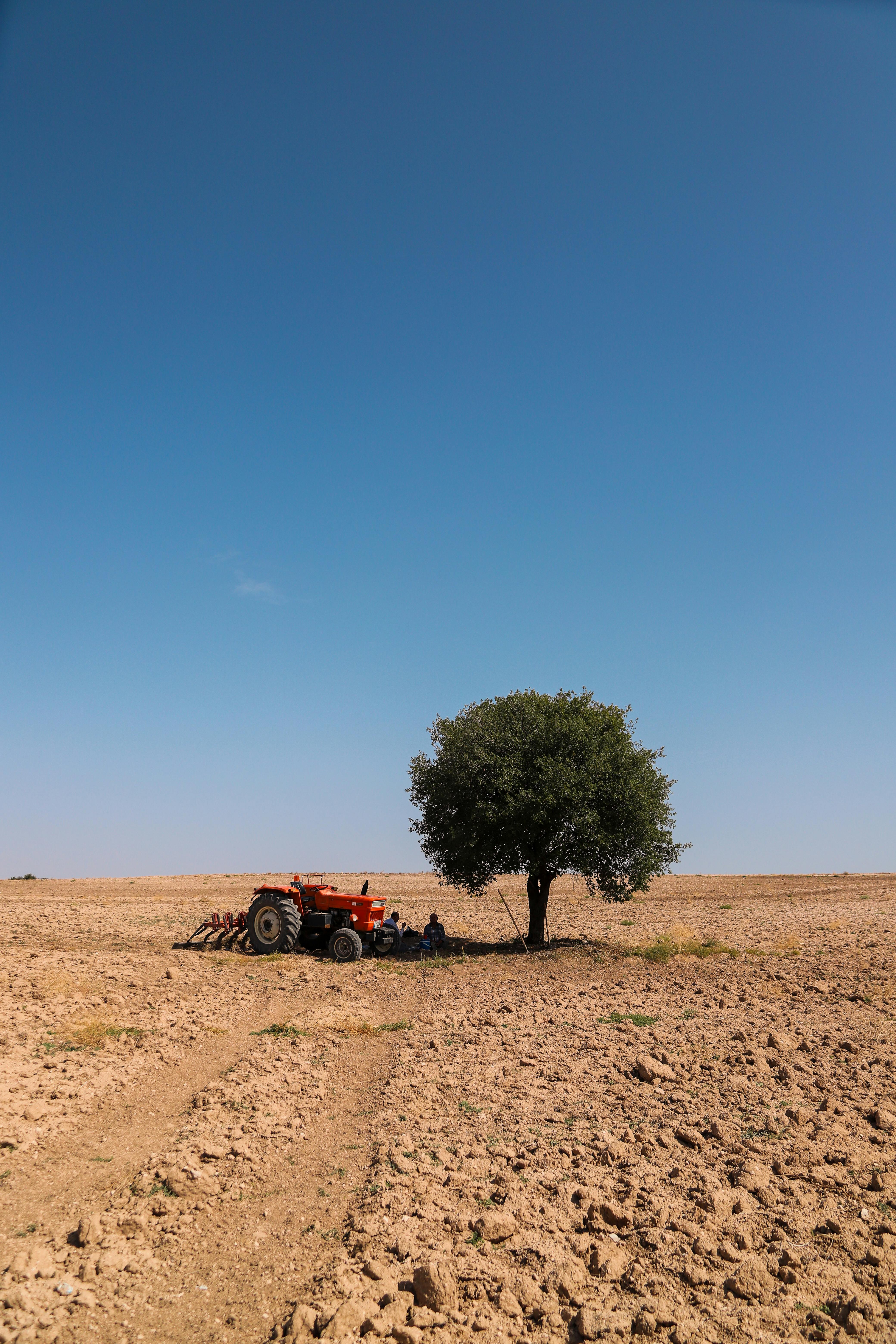 A lone tractor parked under a tree in a vast, arid field under a clear blue sky.