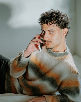 A stylish young man with curly hair talks on his smartphone while lounging in a cozy sweater, studio setting.