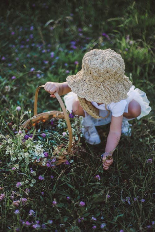 A little girl in a hat and straw basket picking flowers