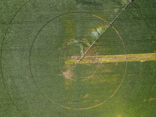 An aerial view of a circular field with a green circle