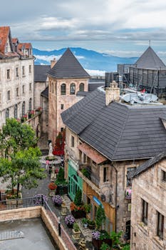 Aerial view of the picturesque French village at Ba Na Hills in Da Nang, Vietnam, with stunning architecture.
