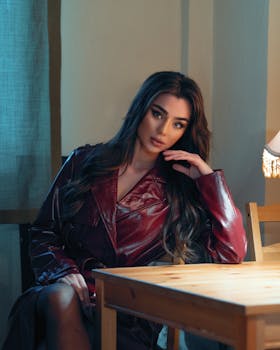 Fashion portrait of a woman sitting at a table, wearing a red leather jacket in a stylish indoor setting.