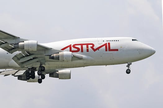 Close-up view of Astral Aviation cargo plane mid-flight against cloudy sky.