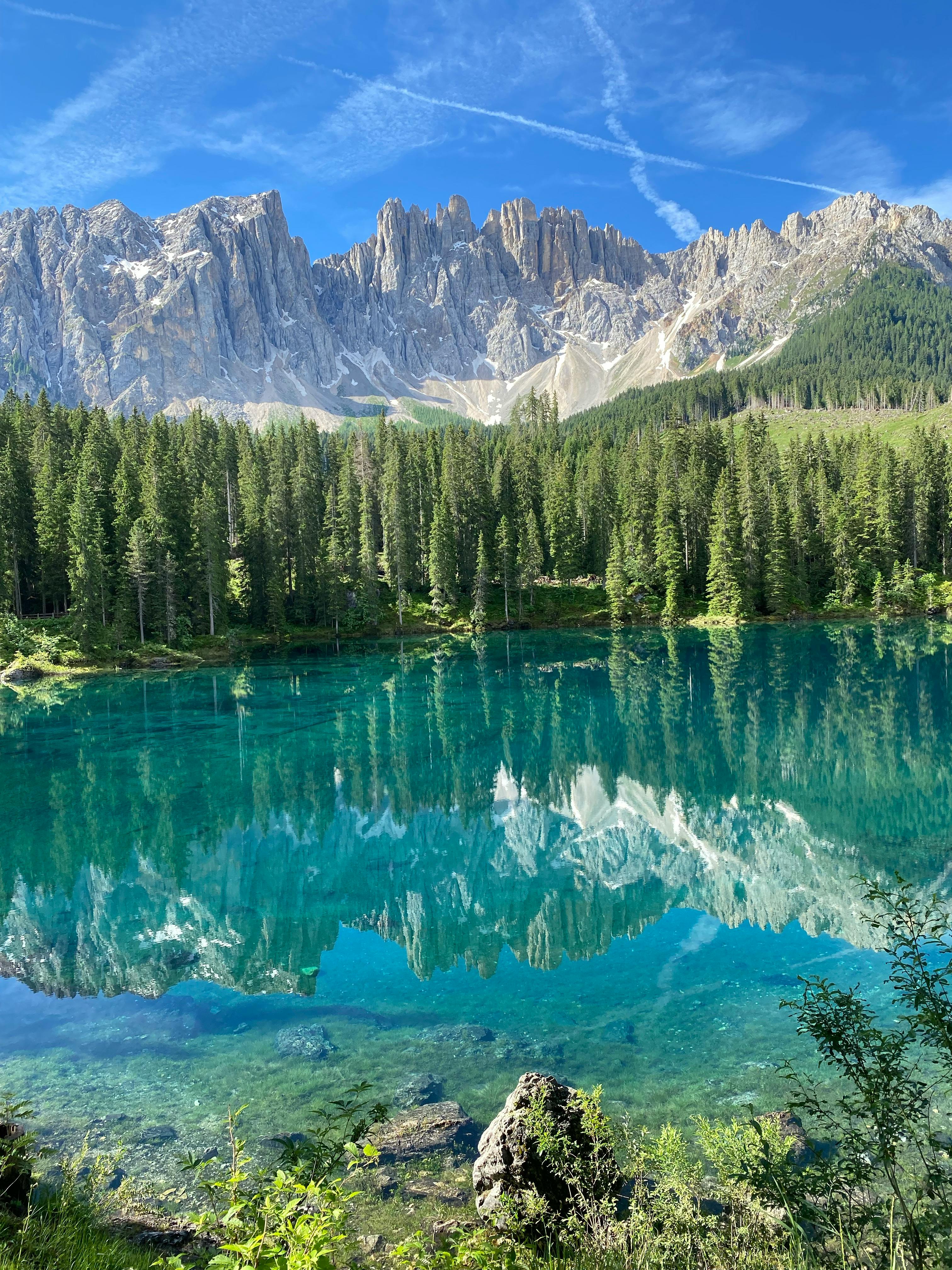 Stunning summer view of Carezza lake, Dolomite Alps Sunrise, Wall store Art, South Tyrol, Italy, Europe.,Traveling concept background.