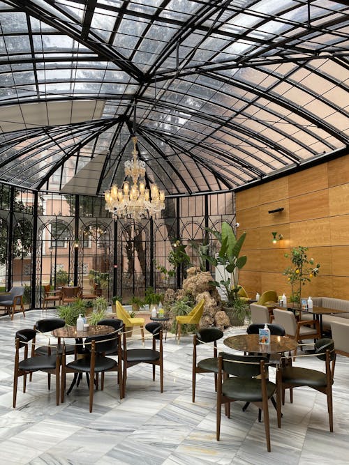 The interior of a restaurant with a glass roof