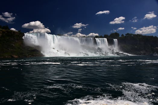 尼亚加拉大瀑布景色令人惊叹，在明亮的蓝天和蓬松的云层下，水流如瀑布般倾泻