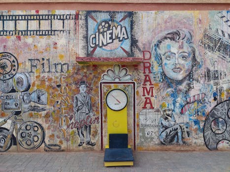 Colorful mural featuring cinematic themes in Ouarzazate, Morocco, with vintage design elements.