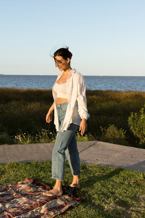 Woman Wearing Jeans in Seaside