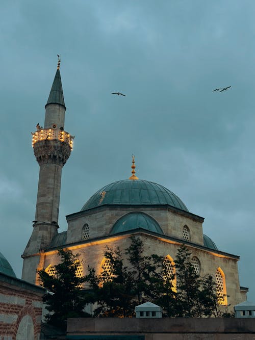 A mosque with a green dome and two birds flying over it