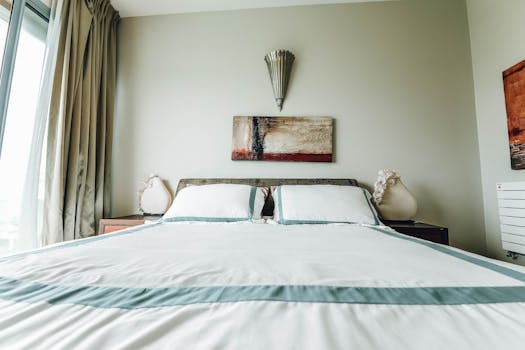 这间卧室风格时尚，配有现代家具，采用极简主义设计