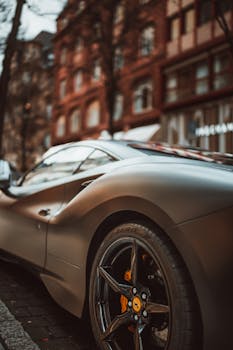 A stylish gray supercar parked in a vibrant city street, showcasing urban luxury and automotive elegance.