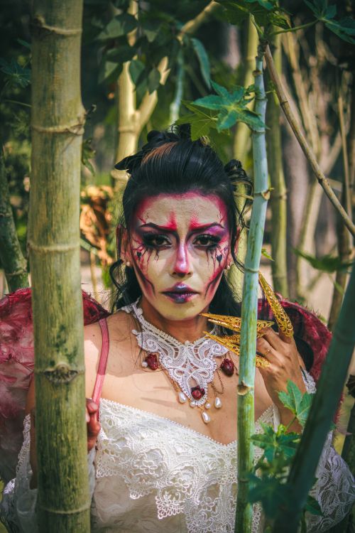 Free A striking fashion portrait of a woman in an elaborate costume amidst bamboo. Stock Photo
