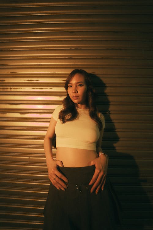 A woman in a crop top and skirt posing for a photo