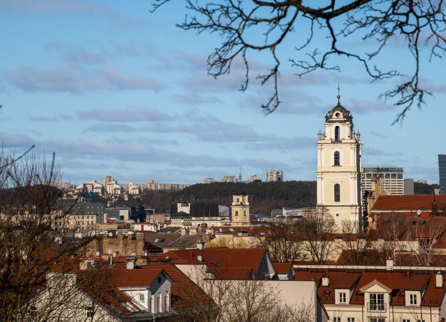 A beautiful view of Vilnius city featuring historic architecture and a prominent church tower under a clear sky.