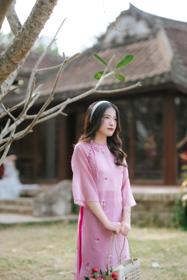 Young Woman In A Pink Ao Dai Dress Standing On The Background Of A Building 