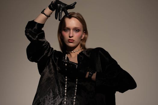 Elegant portrait of a woman in a black outfit with pearls, highlighting modern fashion and style.