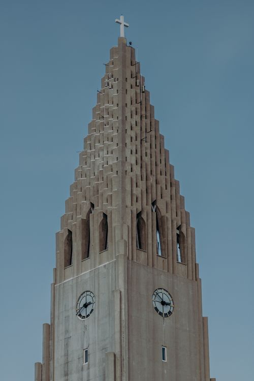 Hallgrímskirkja church tower in downtown Reykjavik, Iceland