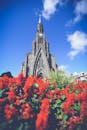 晴朗的天空下，鲜艳的红花映衬着巴西卡内拉石头大教堂的壮丽景色