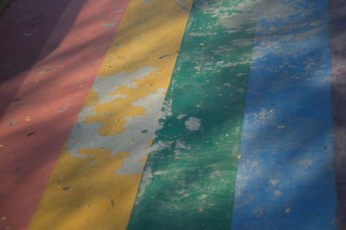 Free Close-up of weathered wooden surface with multicolored stripes in sunlight. Stock Photo