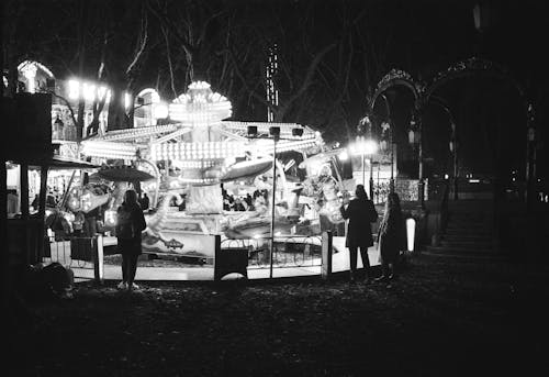 Black and White Photography of a Carousel