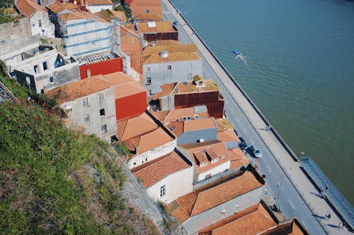 Several Roofs of Buildings Near the Port in Portugal Seen from the Sky