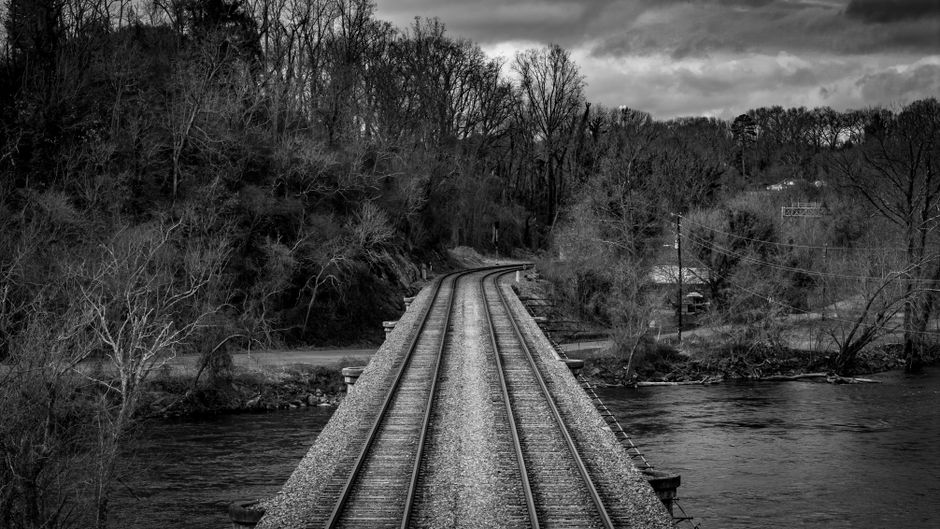 A tranquil black and white view of a railway bridge in Asheville, NC, surrounded by nature.