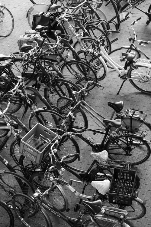 Free An artistic black and white image of multiple bicycles parked in an urban setting. Stock Photo