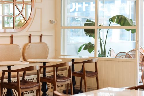 Free Inviting café corner featuring wooden chairs, round tables, and a lush monstera plant. Stock Photo