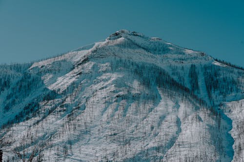 A snow covered mountain with a blue sky