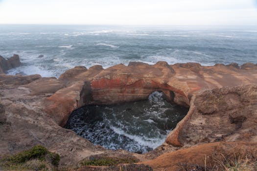 Breathtaking view of Thor's Well, a stunning natural hole on the Oregon Coast with waves crashing in.