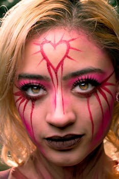 Close-up of a young woman with intricate art makeup featuring a heart design on forehead.