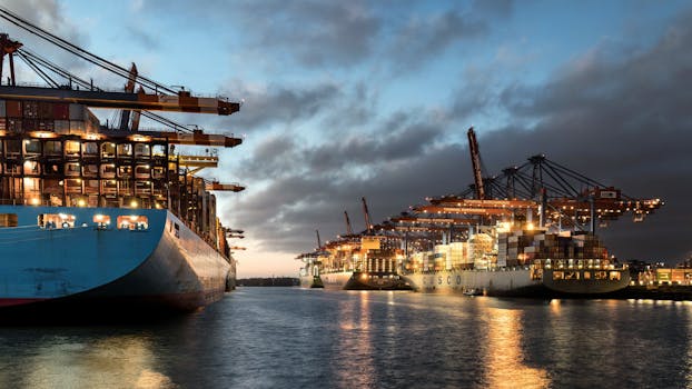 A breathtaking view of illuminated container ships and cranes in Hamburg harbor during dusk.