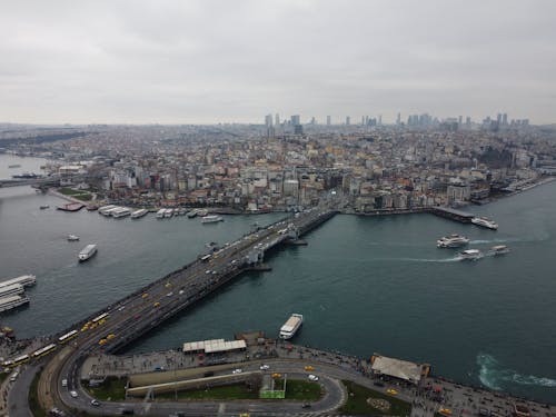 Aerial View of the Galata Bridge and Cityscape of Istanbul