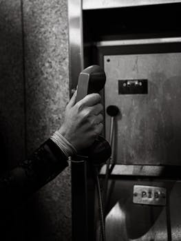 A hand holding a phone receiver in a classic black and white telephone booth.