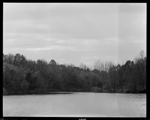 A black and white photo of a lake