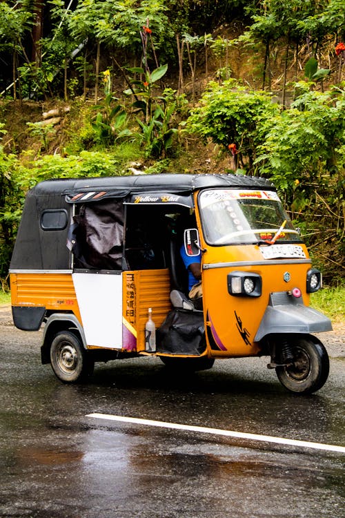 Free Bright orange auto rickshaw on a wet Sri Lankan street surrounded by lush greenery. Stock Photo